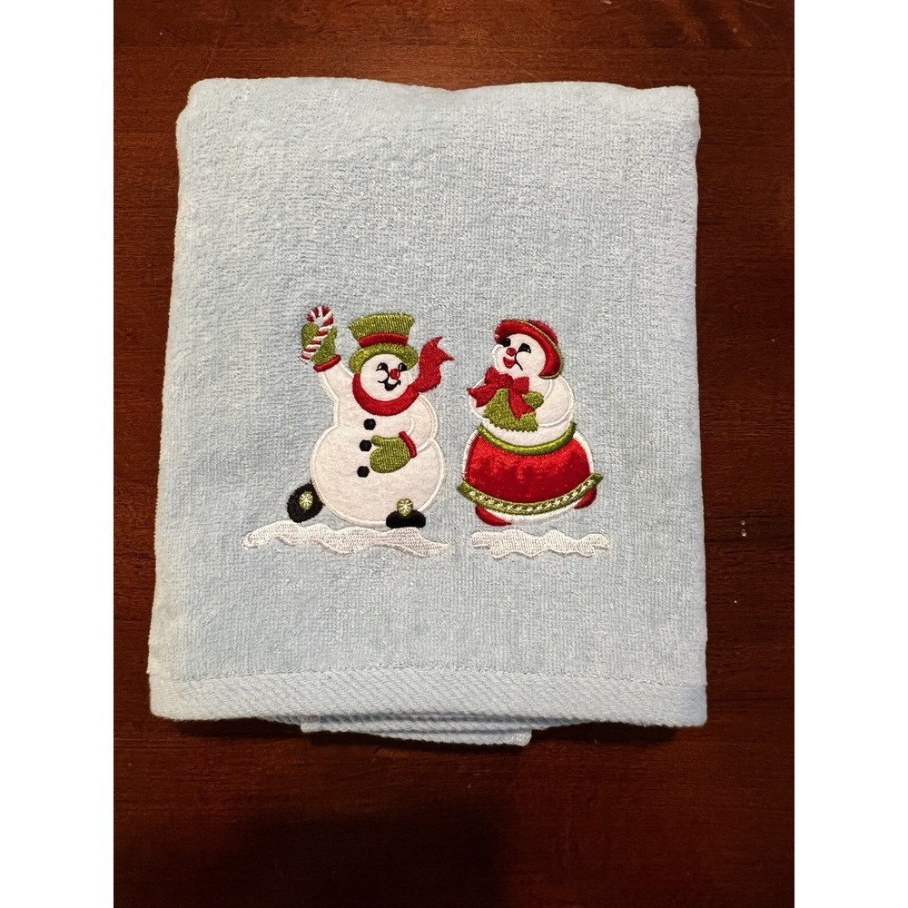 VTG Kmart Trim A Home Embroidered Snowmen‎ Couple Holiday Towel Light Blue NOS